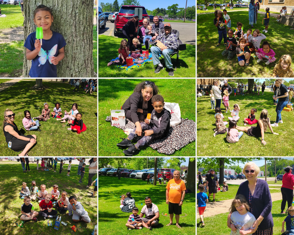 Pictures of students, teachers, and families sitting outside during kindergarten "popsicle party"