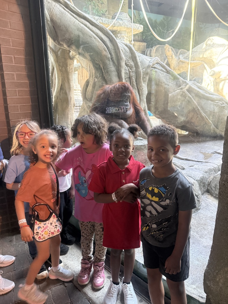 Students posing in front of the orangutan exhibit at the zoo.