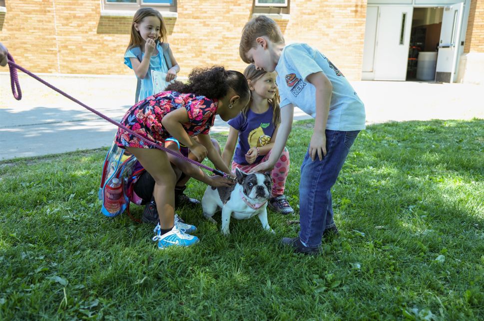 Kids petting a dog outside. 