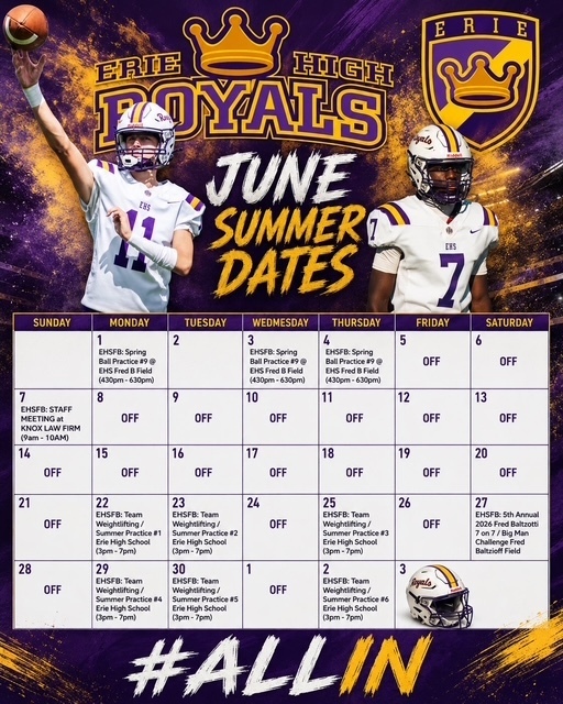 Erie High Royals June Summer Dates for Football Flyer.  