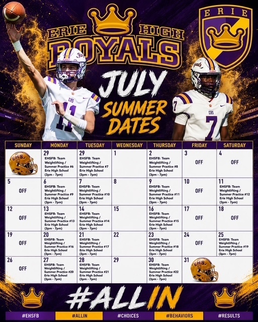 Erie High Royals July Summer Dates for Football Flyer.  
