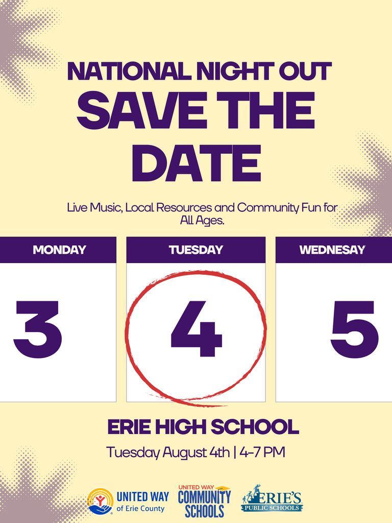 Poster for National Night Out at Erie High. Poster includes dates and times which are Aug 4th from 4pm-7pm. 