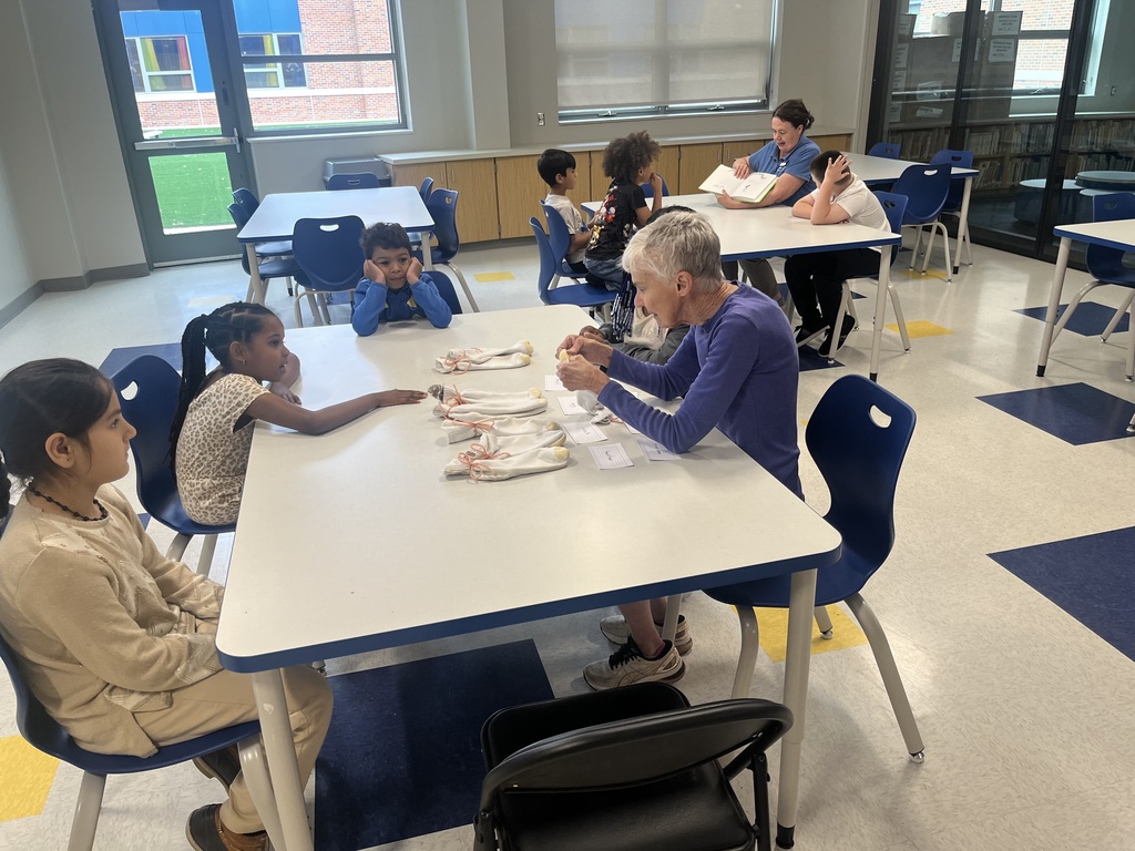 Students doing an activity with a volunteer.