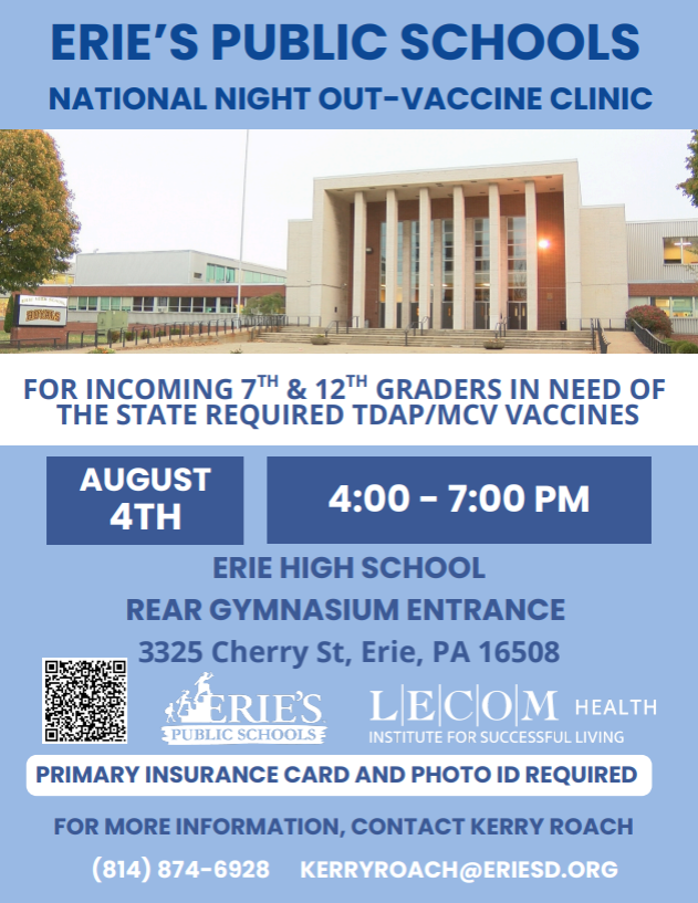 Erie's Public Schools National Night Out - Vaccine Clinic Flyer.