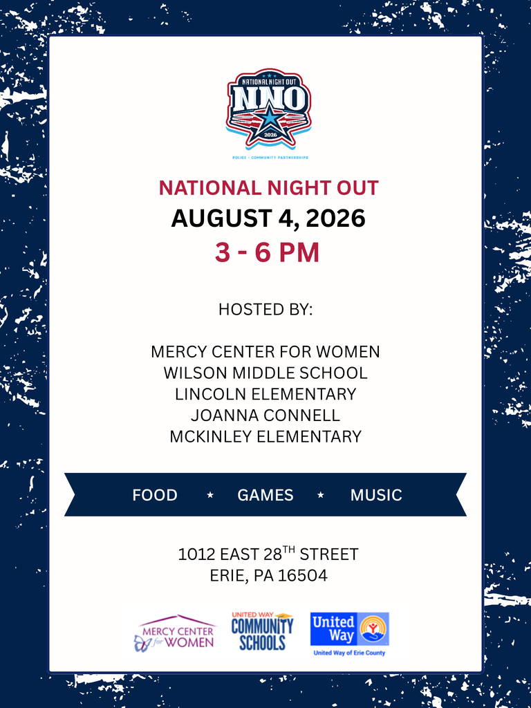 Flier that states National Night Out will be held on August 4th from 3 -6 pm at the Mercy Center for Women. Logos for the Mercy Center, Community Schools, and United Way are included.