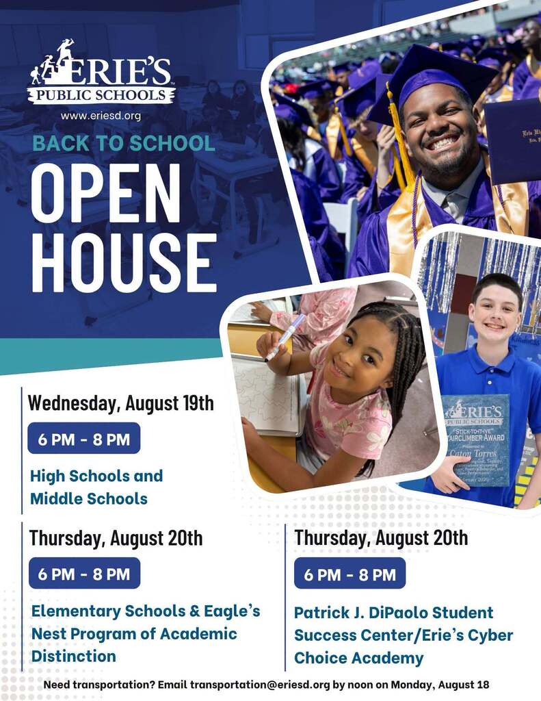 Flier that states open house will be held on Wednesday, August 19th from 6-8pm. Erie's Public Schools logo is included.
