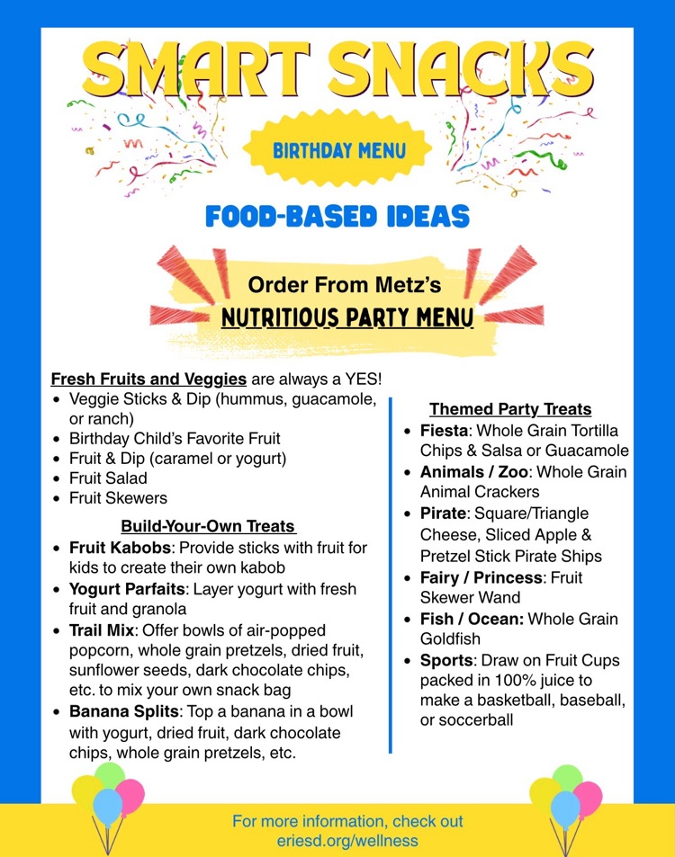 Smart Snacks sample birthday menu. 