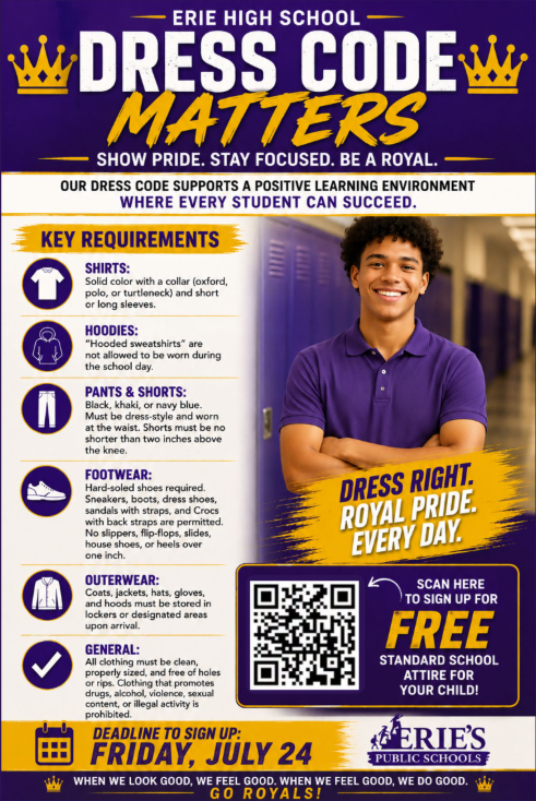 Erie High dress code flyer with dress code appropriate attire and resources. 