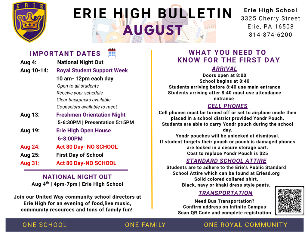 Erie High Newsletter highlighting important dates and reminders. 