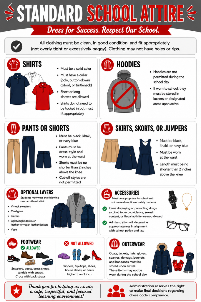 “Standard School Attire” with icons and sections outlining school dress code rules. It shows acceptable clothing like collared shirts, dress pants, and appropriate footwear, and not allowed items like hoodies during the day and certain shoes. It also notes that clothing must be clean and fit properly, outerwear must be stored, and administration makes final decisions on dress code compliance.