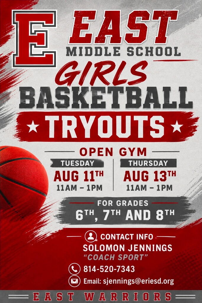 Ready to join the team? 🏀 East Middle School is holding girls basketball tryouts and open gym for 6th–8th graders on Tuesday, Aug 11 and Thursday, Aug 13 from 11:00 AM–1:00 PM in the East Middle School Gym