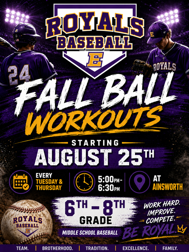 Boys' baseball flyer. Upcoming fall workouts starting August 25th at Ainsworth. Time is 5:30-6:30 pm