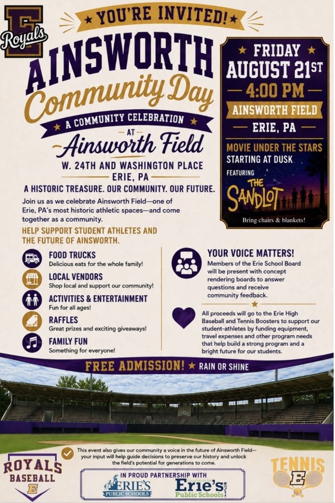 Flyer for Ainsworth Community Day.  Beginning at 4PM food trucks, vendors, entertainment and raffles will be available. Location is 24th and Washington Place.