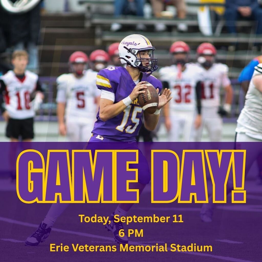 Erie High Royals Football player on the field with text in front that says "Game Day!"