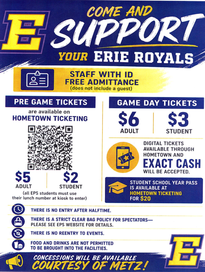 Erie High Royals Athletic Ticketing Flyer.