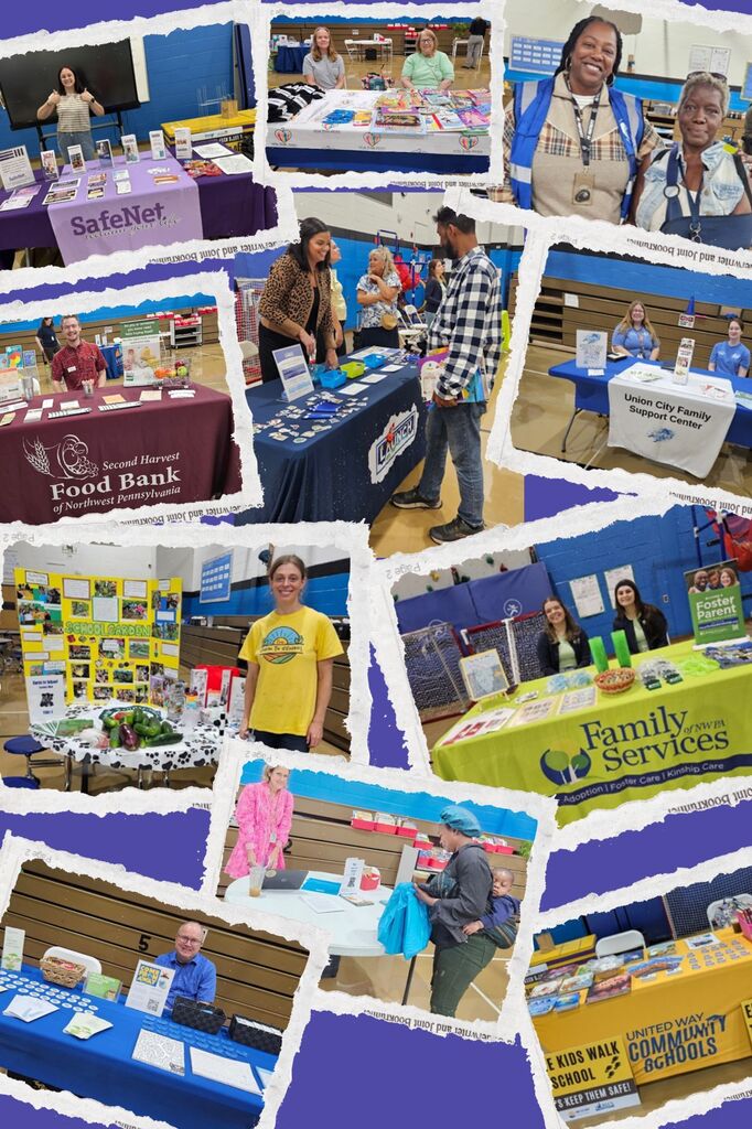 collage of pictures of social service agencies' resource tables set up at community fair