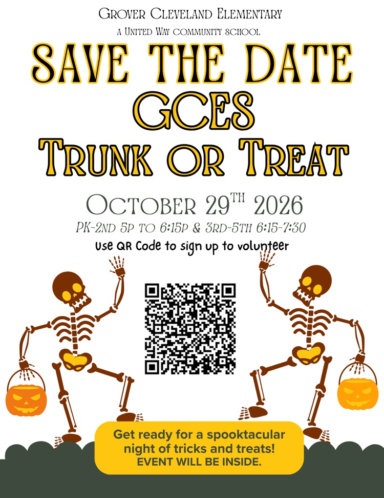 flier for trunk-or-treat event at GCES. it will be on 10/29/26 and indoors