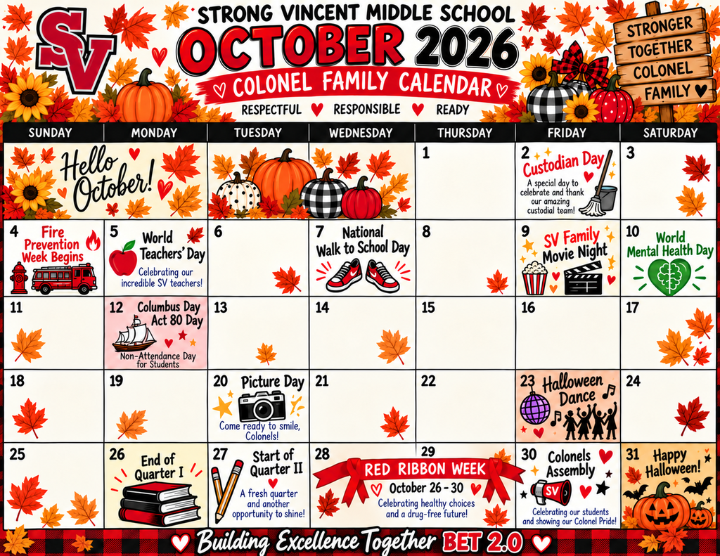 October Colonel Family Calendar is here and packed with important dates, school events, and family fun!