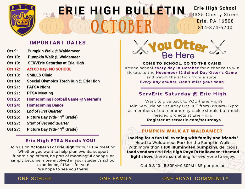 Erie High Newsletter including important dates, attendance incentives, ServErie serving opportunities and the upcoming Pumpkin Walk at Waldameer. 