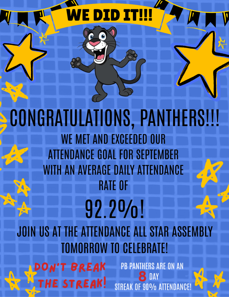 graphic to celebrate meeting attendance goal with a cartoon picture of a panther. We did it! Congratulation Panthers ! We met and exceeded our attendance goal with an average daily attendance of 92.2%. Join us at the All Star Attendance Assembly to celebrate tomorrow, Don't break the streak. The Panthers are on an 8 day streak of 90% attendance.