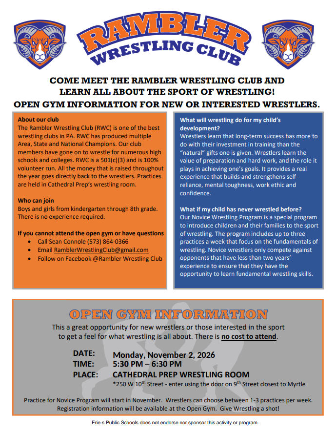 Rambler Wrestling Club Flyer for Open Gym.