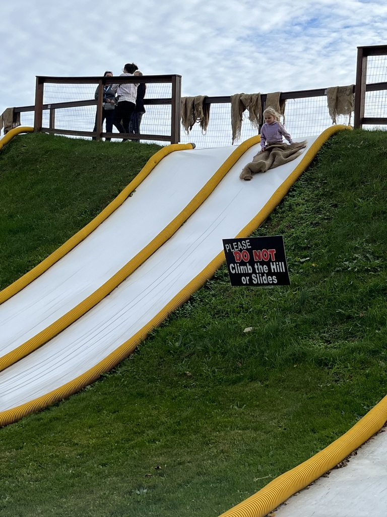 Child going down the giant slides in a sack