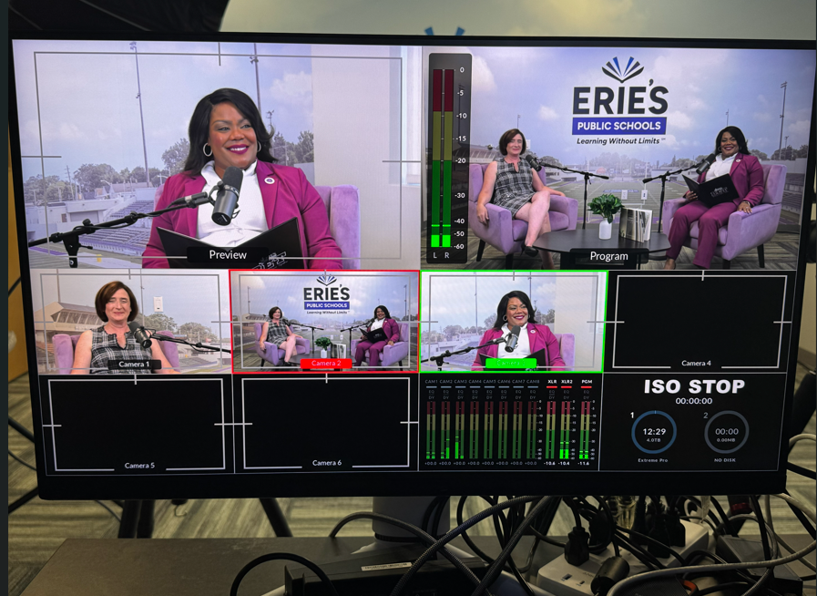 Behind the scene photo of Dr. Natalyn Gibbs and a guest filming for the EPS Podcast.