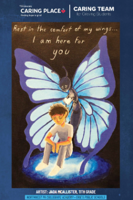 Art that shows a kid sitting in front of a Blue butterfly that is giving him a white heart from behind.