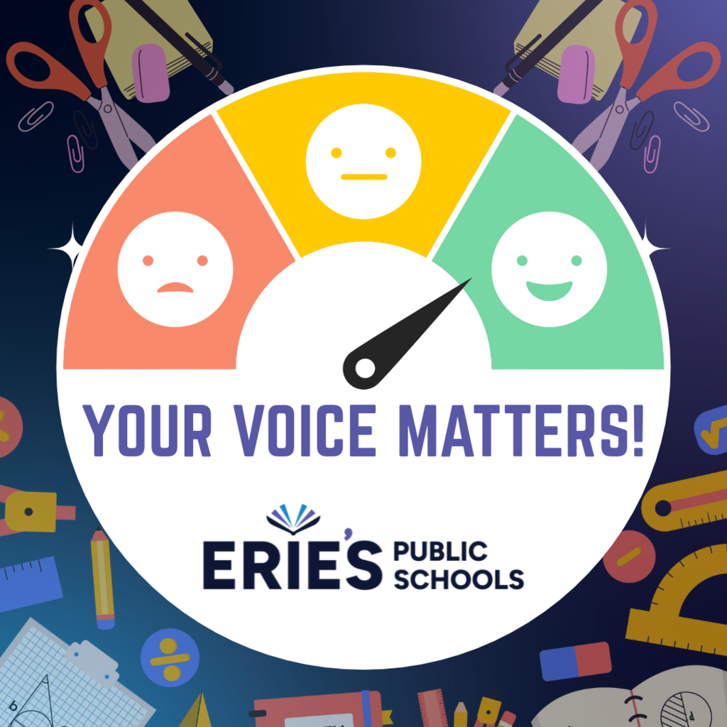 Your Voice Matters graphic with a scale showing sad-to-happy faces and school supplies in the background.