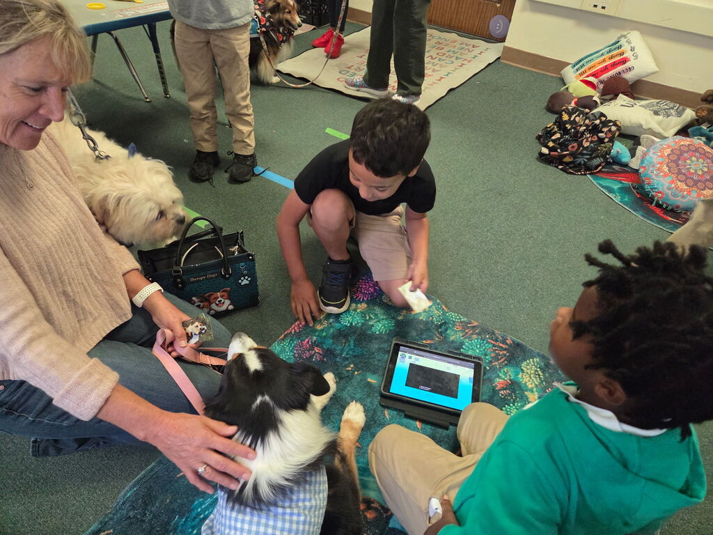 Students petting a therapy dog