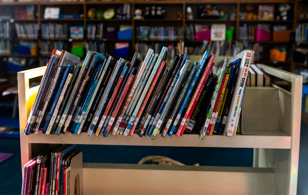 Cart with library books.