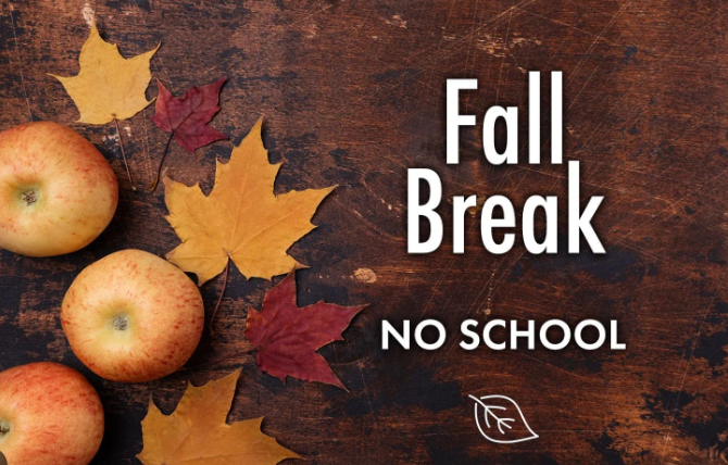 brown box with Fall Break no school text with leaves and apples