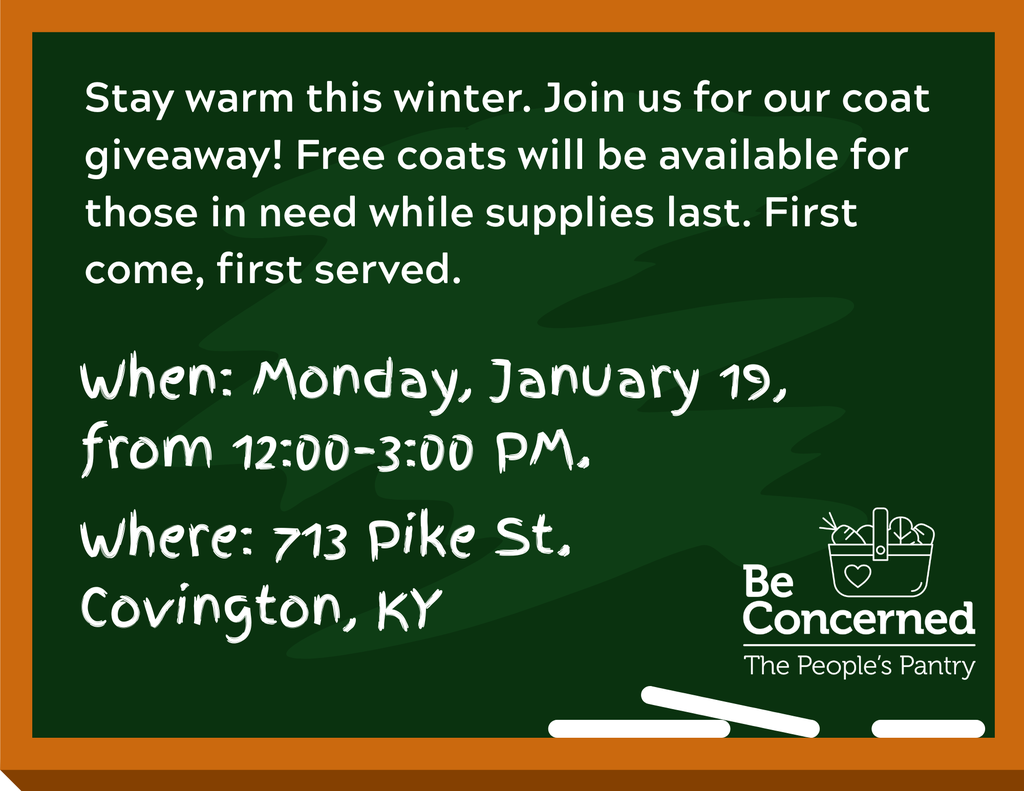 Free coat give away Monday January 19th at Be Concerned in Covington! 