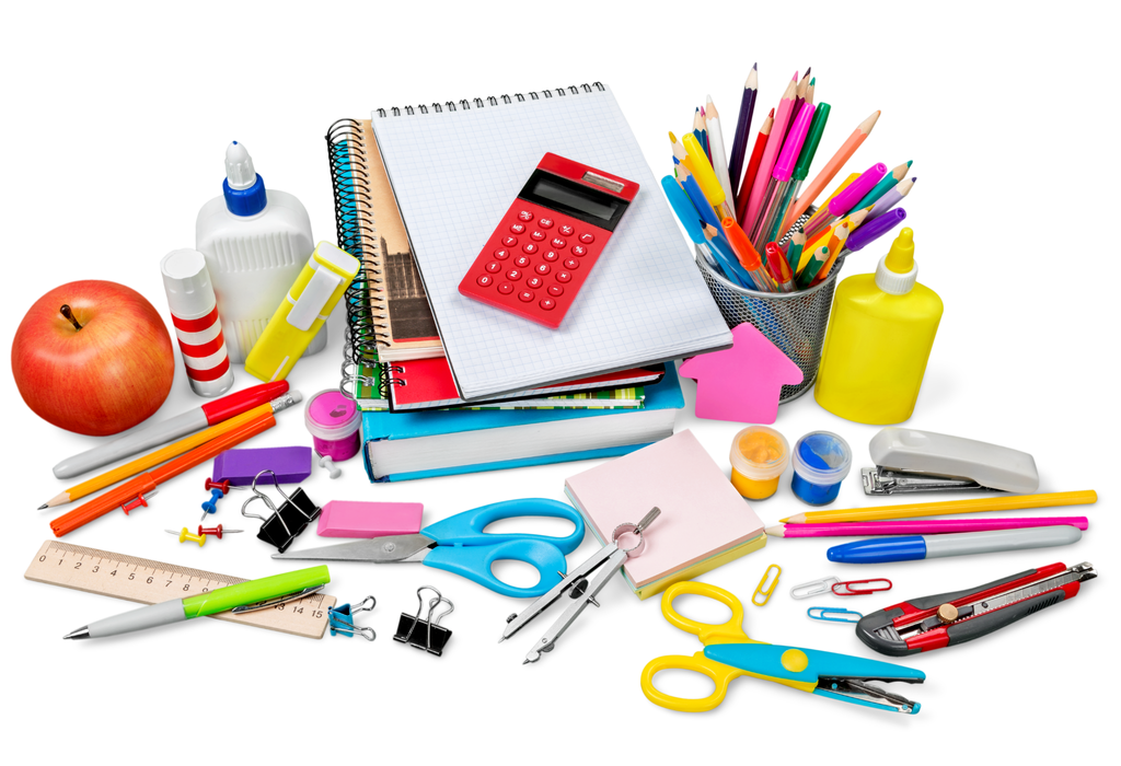 A variety of school supplies on a white background.