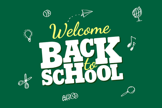 green welcome back to school sign with icons of school supplies