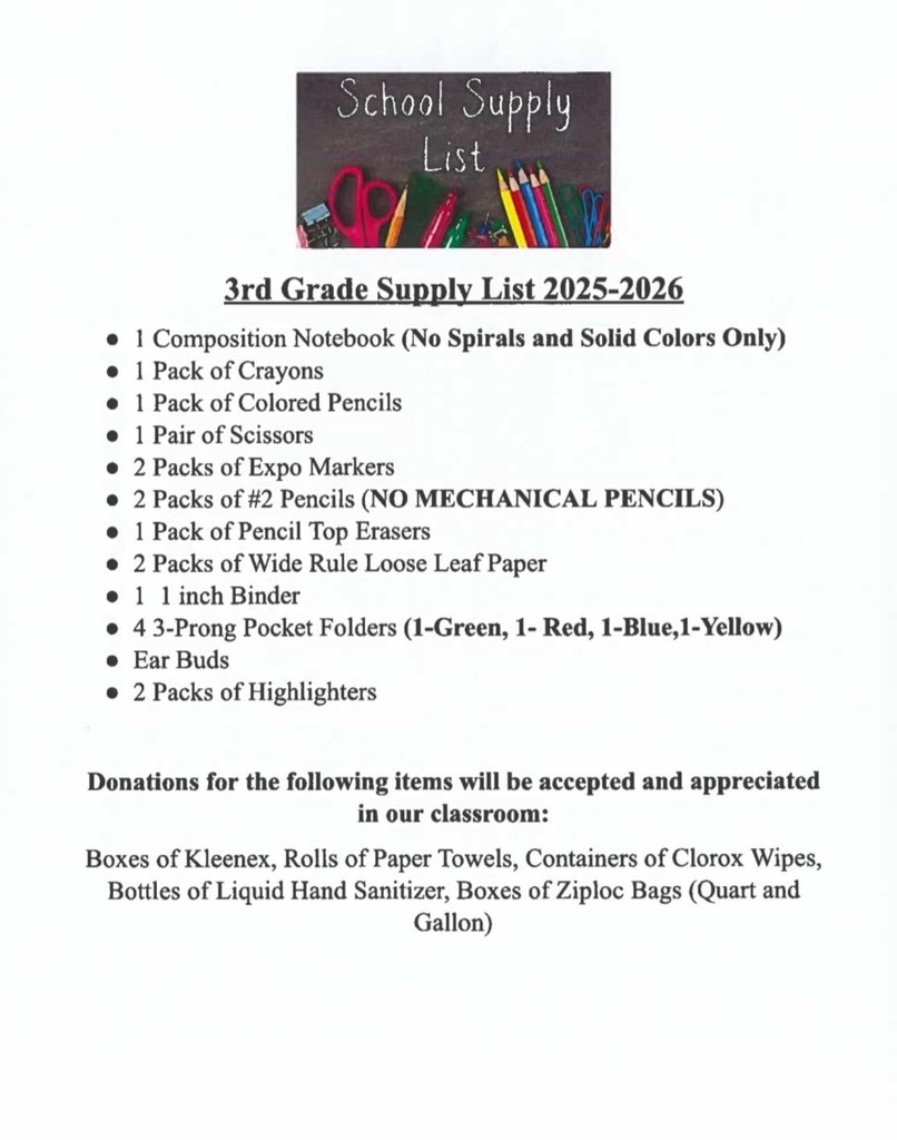 3rd grade supply list