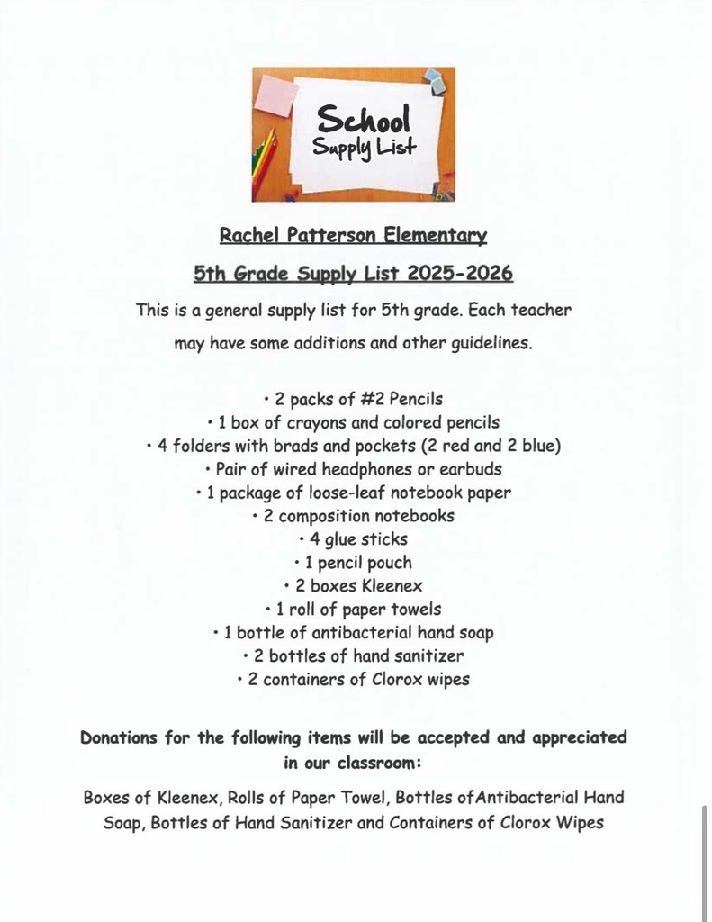 5th grade supply list