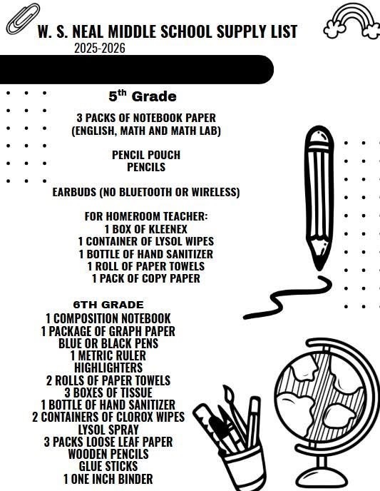 6th grade Supply List