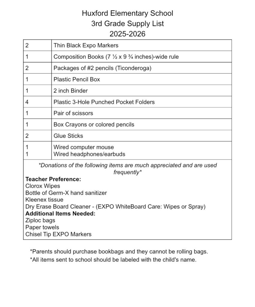 3rd Grade School Supply List (PDF attached below)