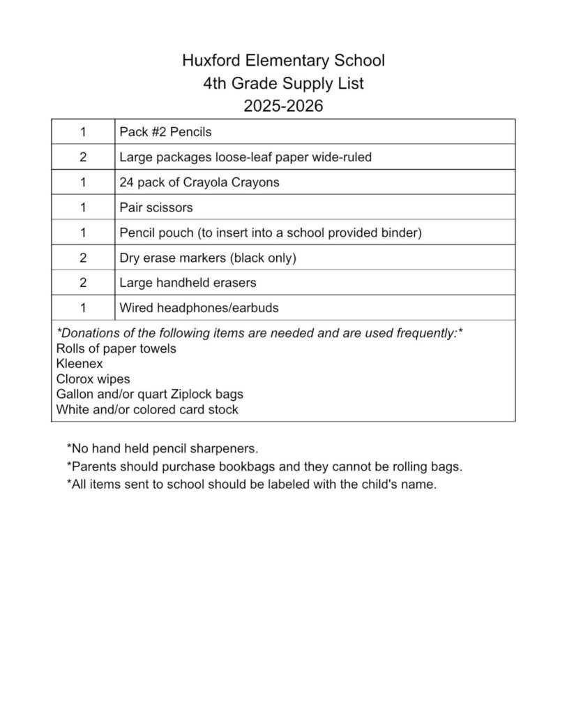 4th Grade School Supply List (PDF attached below)
