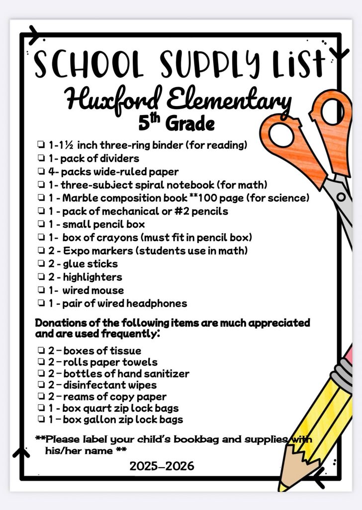 5th Grade School Supply List (PDF attached below)