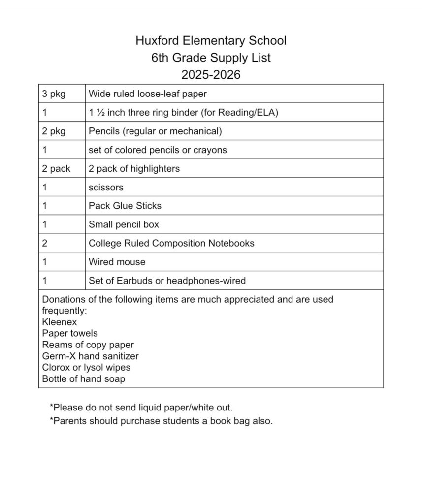 6th Grade School Supply List (PDF attached below)