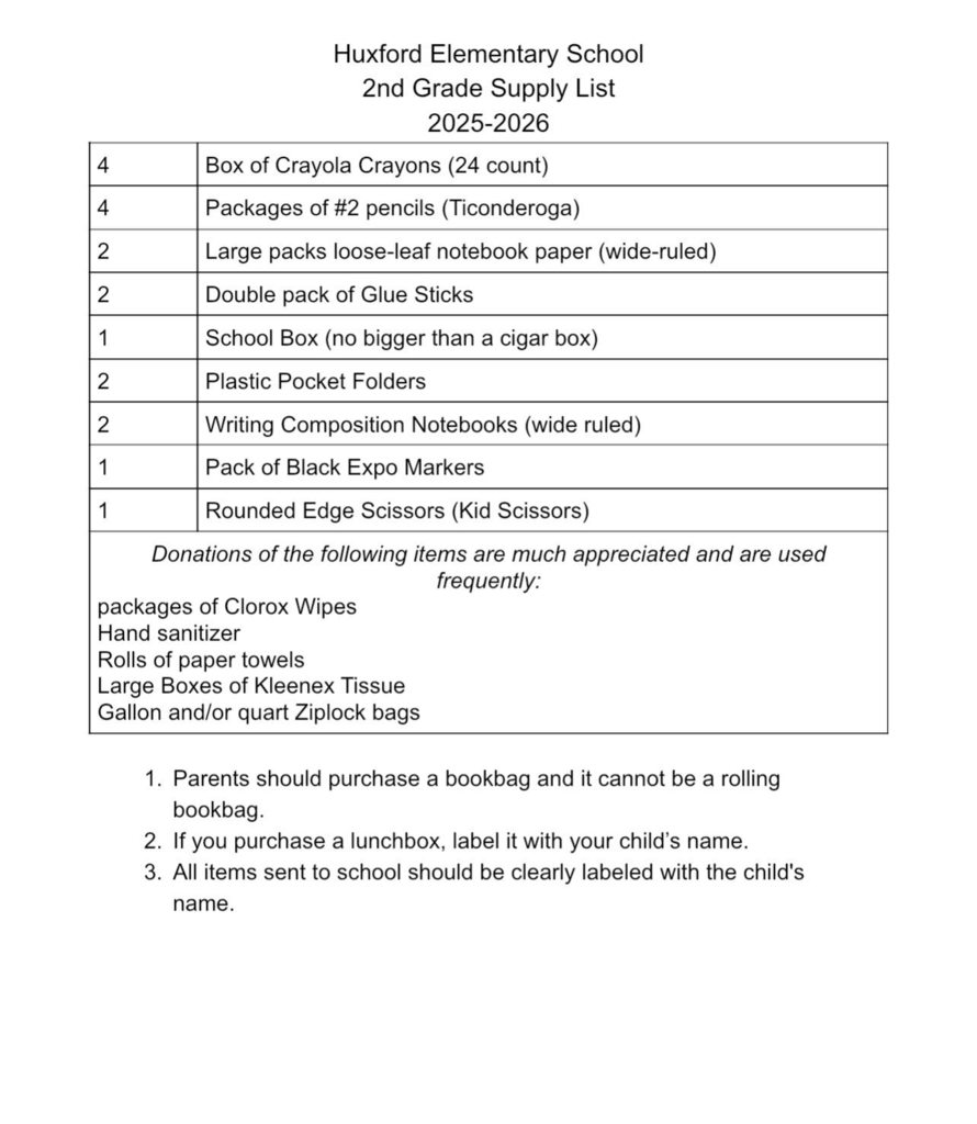 2nd Grade School Supply List (PDF attached below)