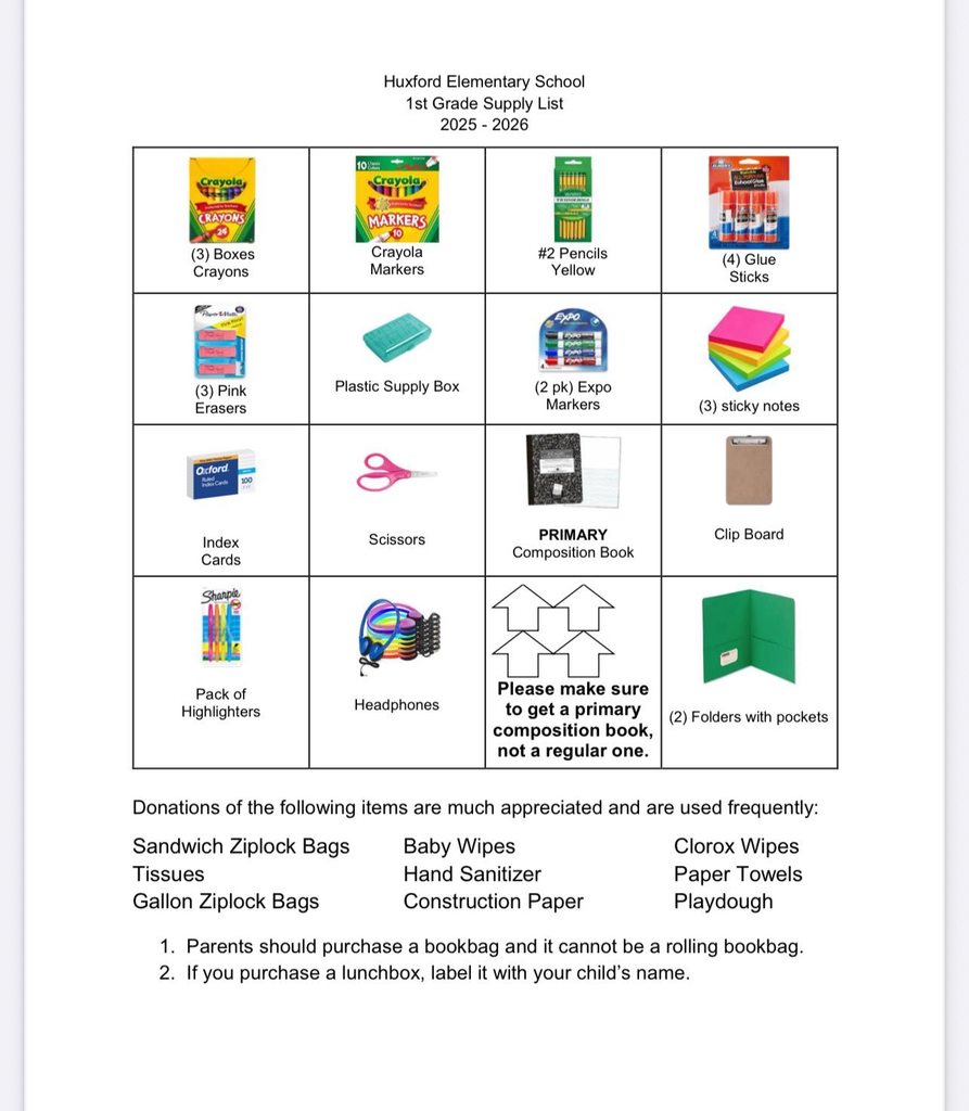 1st Grade School Supply List (PDF attached below)