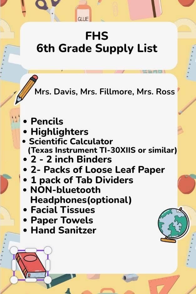 6th Grade Supply List