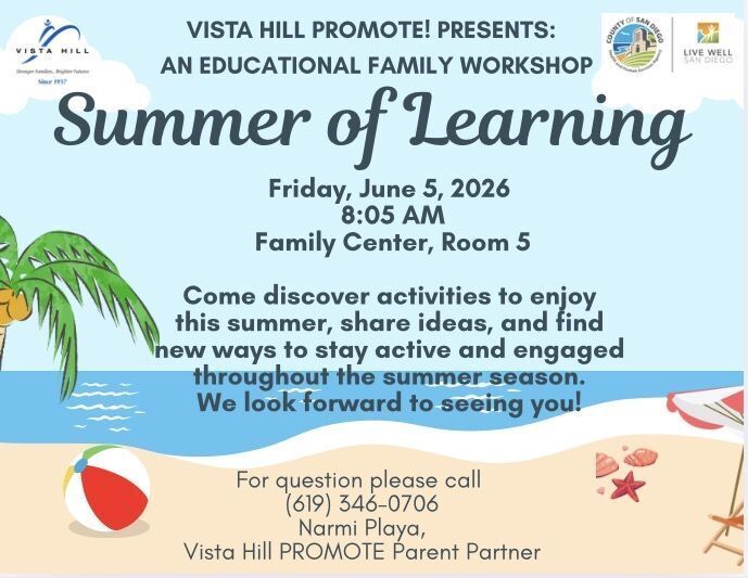 Flyer for “Summer of Learning” workshop, June 5 at 8:05 AM, beach theme with palm tree, ball, and ocean background.