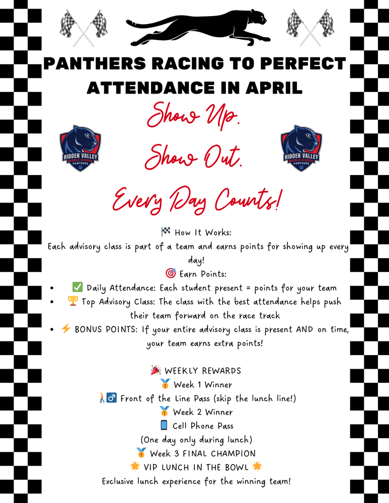 Poster for Hidden Valley Middle School’s April attendance challenge, “Panthers Racing to Perfect Attendance.” Students earn points for daily attendance, with weekly rewards including a lunch line pass, a one-day phone pass, and a final VIP lunch.