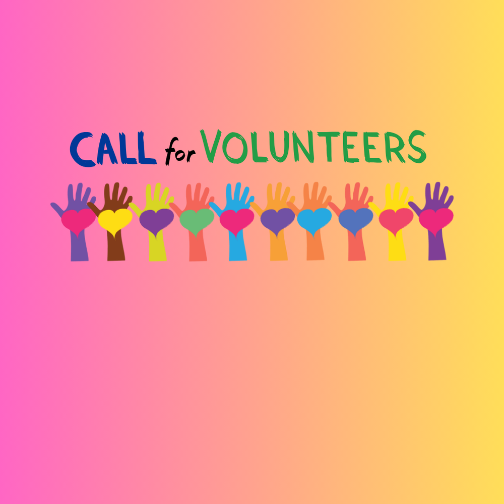 Call for volunteers and picture of hands with hearts