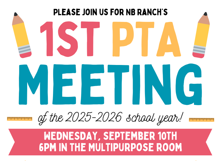  First PTA Meeting of the 2025/2026 school year! Today, Wednesday, September 10th at 6:00 pm in the Multipurpose Room
