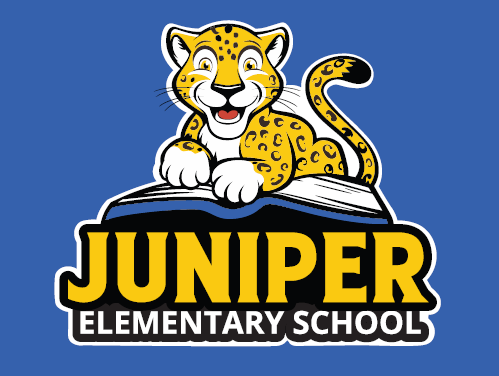 Logo of Juniper Elementary School featuring a cheerful cartoon Jaguar resting on an open book, with bold yellow text reading 'Juniper' and white text below reading 'Elementary School,' set against a blue background.